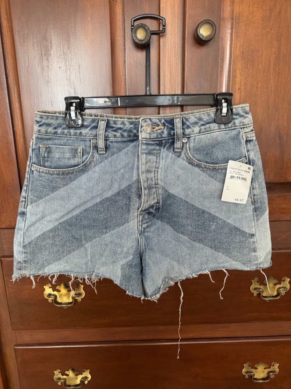 High-Rise Chevron Denim Shorts in Light Blue NWT